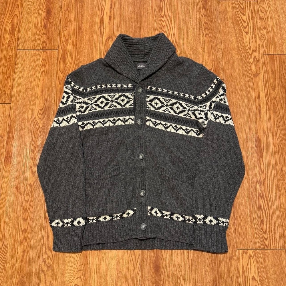 Eddie Bauer Men's Cardigan Sweater Medium Fair Isle Wool Button Shawl Collar